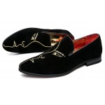 Black Velvet Embroidered Face Mens Oxfords Loafers Dress Shoes Flats